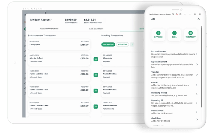 A screenshot of a bank reconciliation report in Landlord Vision in a tablet frame